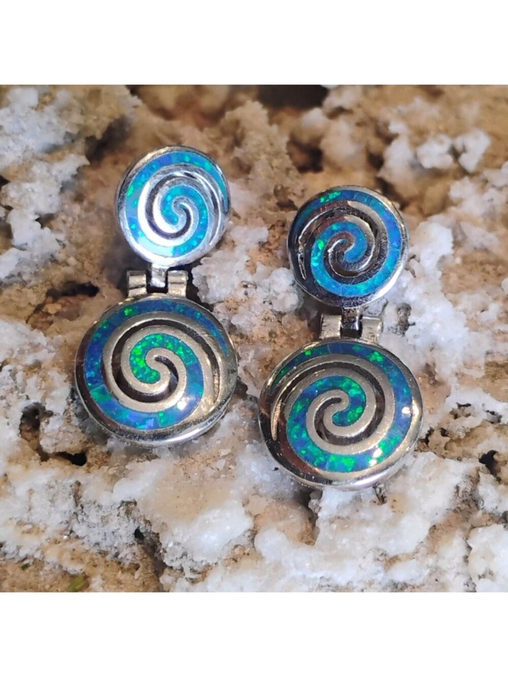 Greek Sterling Silver Blue Opal Double Swirl Meandros Dangle Earrings - Picture 2 of 7